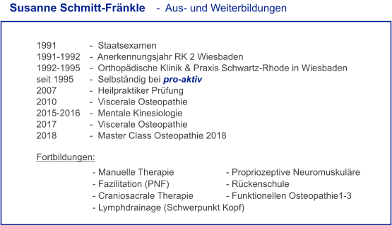 1991		-  Staatsexamen  1991-1992  	-  Anerkennungsjahr RK 2 Wiesbaden  1992-1995 	-  Orthopädische Klinik & Praxis Schwartz-Rhode in Wiesbaden  seit 1995 	-  Selbständig bei pro-aktiv  2007 		-  Heilpraktiker Prüfung  2010 		-  Viscerale Osteopathie  2015-2016 	-  Mentale Kinesiologie  2017 		-  Viscerale Osteopathie  2018 		-  Master Class Osteopathie 2018    Fortbildungen:     Susanne Schmitt-Fränkle   -  Aus- und Weiterbildungen  - Manuelle Therapie			- Propriozeptive Neuromuskuläre - Fazilitation (PNF)			- Rückenschule - Craniosacrale Therapie		- Funktionellen Osteopathie1-3 - Lymphdrainage (Schwerpunkt Kopf)
